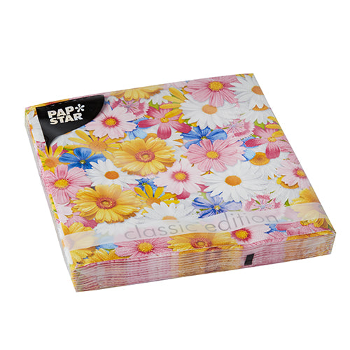 PAPSTAR 20 Servietten, 33x33 cm, 3-lagig, Design Set 4 von PAPSTAR GmbH mit buntem Blumenmuster auf "classic edition" Verpackung.