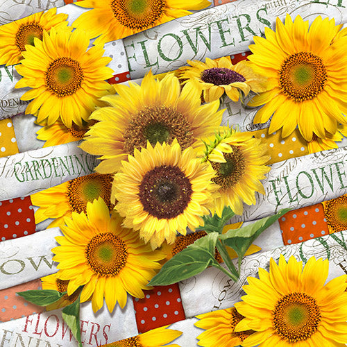 Leuchtend gelbe Sonnenblumen mit gepunkteten und wortbetonten Stoffstreifen zieren die PAPSTAR 20 Servietten, 33 cm x 33 cm, 3-lagig, Design Set 1 von PAPSTAR GmbH - perfekt für eine stilvolle Tischdekoration.