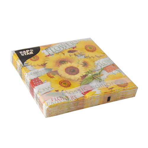 Eine Packung PAPSTAR 20 Servietten, 33 cm x 33 cm, 3-lagig, Design Set 1 zeigt ein Sonnenblumenmotiv mit "Classic Edition" und "Flowers" auf der Verpackung. Die Marke PAPSTAR GmbH ist oben links abgebildet.