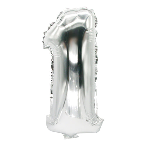 The PAPSTAR foil balloon (35 x 20 cm) in silver from PAPSTAR GmbH, shaped as the number one and photographed against a white background – ideal as an elegant decoration for any special occasion.
