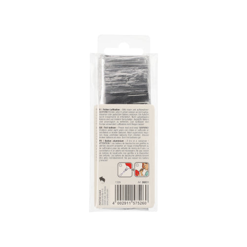 Auf der Rückseite der ungeöffneten Verpackung des PAPSTAR Folienluftballons 35cm x 20cm silber der PAPSTAR GmbH sind Klebequadrate, eine Anleitung, ein Barcode und eine Anwendungsabbildung abgebildet.