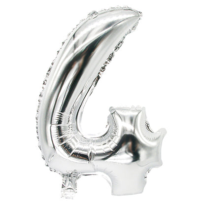 The PAPSTAR foil balloon 35 cm x 20 cm silver from PAPSTAR GmbH in the shape of the number four stands out against a simple white background – ideal for modern decorations.