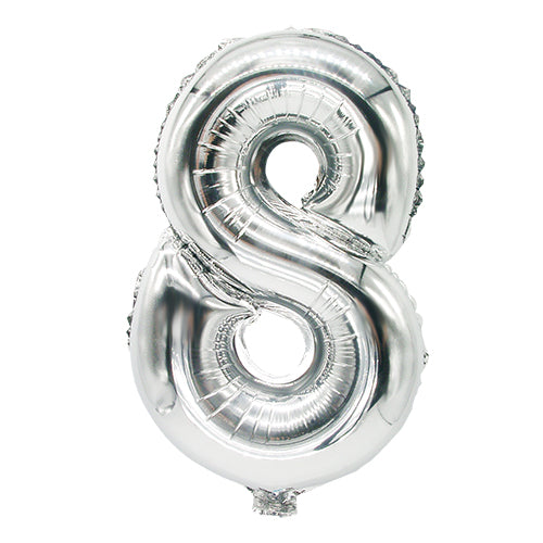 The silver PAPSTAR foil balloon (35 x 20 cm) from PAPSTAR GmbH in the shape of the number eight is a shiny, metallic decoration against a white background.