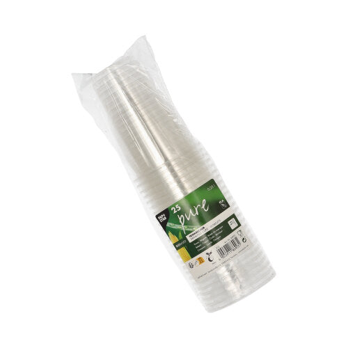 Ein versiegeltes Set von 25 PAPSTAR „pure“ Kaltgetränkebechern (0,25l, Ø7,8cm, 11cm), glasklar mit Schaumrand aus PLA (biologisch abbaubar), inkl. grünes Etikett und Produktinfos auf weißem Hintergrund.