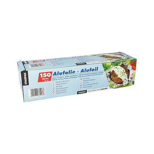 Starpak Alufolie in Faltschachtel: rechteckige hellblaue Schachtel mit der Aufschrift „Alufolie · Alufoil“, 150 m lang, mit Lebensmittelbildern, die Starpaks vielseitige Aluminiumfolie für den Küchengebrauch zeigen.