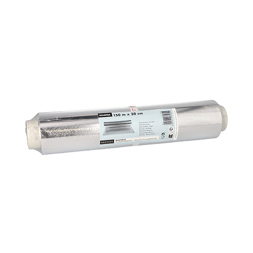 Eine Rolle Starpak Alufolie lose von Starpak mit weißem Etikett im Format 150 m x 30 cm. Ideal für die Lebensmittelverpackung. Die Folie wird teilweise abgerollt, die Verpackung bleibt jedoch intakt.