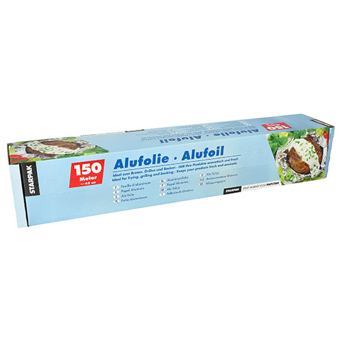 Eine rechteckige Schachtel Starpak Alufolie lose, mit einem roten „150 Meter“-Etikett und Lebensmittelbildern auf der rechten Seite, ideal für Lebensmittelverpackungen, wird in einer blauen Verpackung mit der Aufschrift „Alufolie · Alufoil“ geliefert. Marke: Starpak.