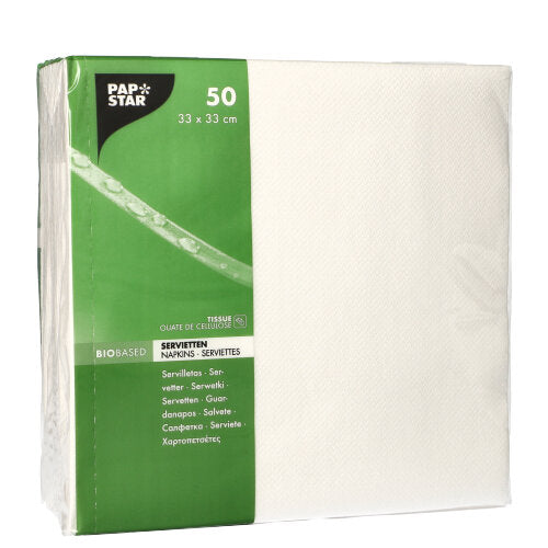 Eine Packung mit 50 weißen Servietten der PAPSTAR GmbH, 2-lagig, 1/4-Falz (33x33 cm), in grün-weißer mehrsprachiger Verpackung.