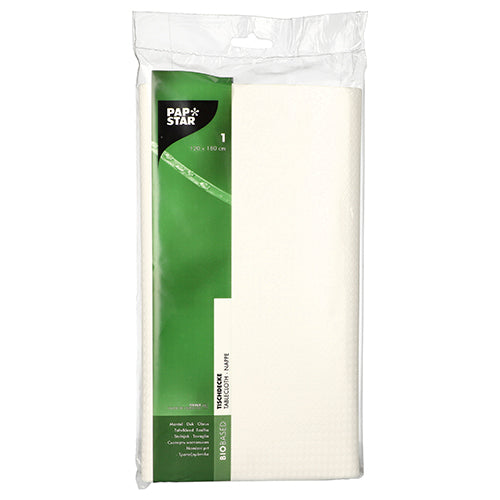 In einer versiegelten Plastikverpackung befindet sich eine gefaltete weiße Tischdecke der PAPSTAR GmbH, 120 x 180 cm, Folie (1 Stück), mit grün-weißem Etikett – perfekt für Veranstaltungen.