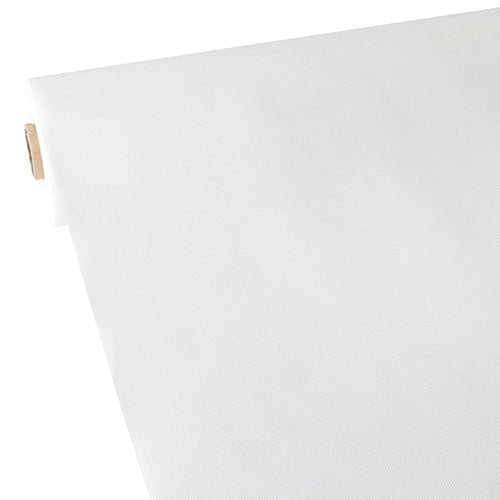 A close-up of the Starpak tablecloth, fabric-like, fleece 'soft selection' (40 m x 0.9 m, white), showing the roll with a diagonally unrolled cardboard core - ideal for crafting or as a modern tablecloth.