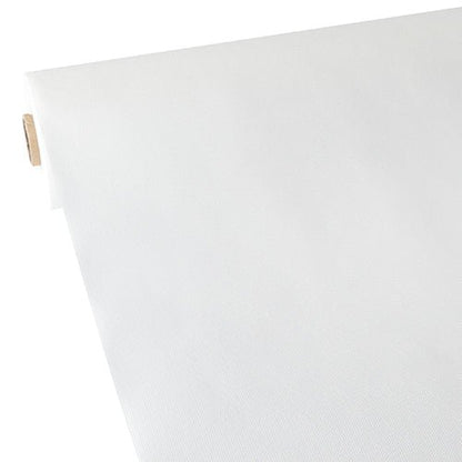A close-up of the Starpak tablecloth, fabric-like, fleece 'soft selection' (40 m x 0.9 m, white), showing the roll with a diagonally unrolled cardboard core - ideal for crafting or as a modern tablecloth.