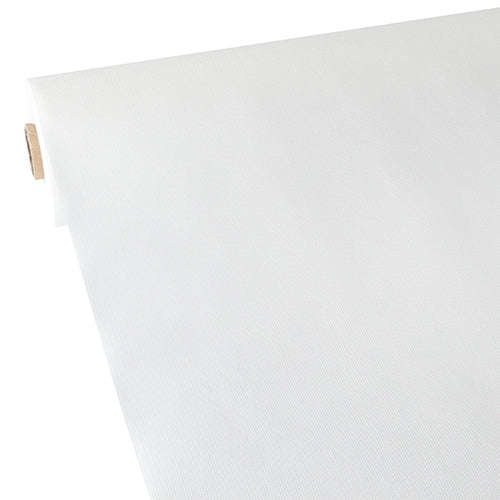 Eine Nahaufnahme der Starpak Tischdecke, stoffähnlich, Vlies „soft selection“ (40 m x 0,9 m, weiß), die die Rolle mit schräg abgerolltem Pappkern zeigt – ideal zum Basteln oder als moderne Tischdecke.