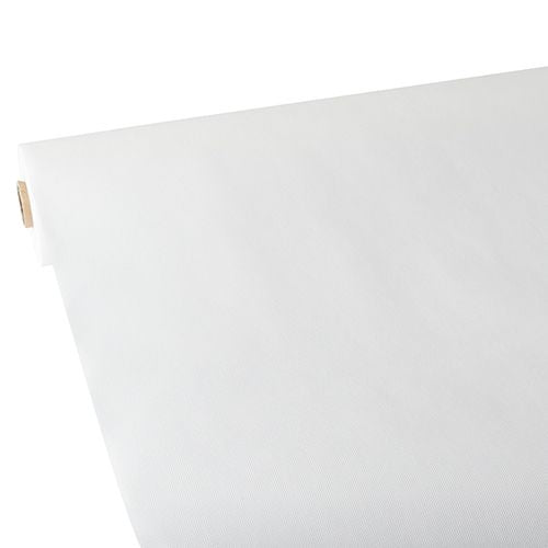 Eine große Rolle Starpak Tischdecke, stoffähnlich, Vlies „Soft Selection“ (25 m x 1,18 m, weiß) liegt auf einer ebenen Fläche ausgerollt, wobei die glatte Oberfläche an der nach oben gebogenen Kante sichtbar ist. Die Starpak-Rolle ist diagonal von einer Ecke aus zu sehen.