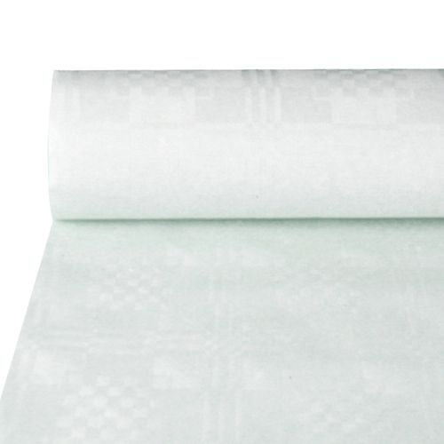 Ein teilweise abgerolltes weißes PAPSTAR-Papiertischtuch mit Damastprägung (50 m x 1,2 m) von der PAPSTAR GmbH mit einem dezenten geometrischen Schachbrettmuster auf der Oberfläche.