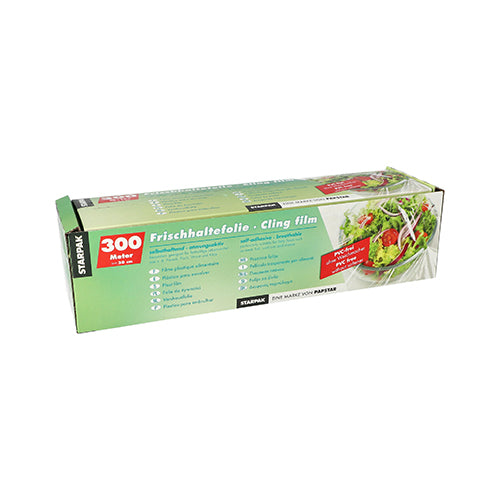 Die Starpak Frischhaltefolie Faltschachtel ist eine rechteckige Schachtel mit grün-weißer Beschriftung, „300 Meter“ in Rot, Salatbildern und mehrsprachigem deutschen und englischen Text zum Frischhalten von Lebensmitteln.