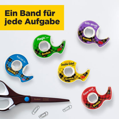 The 3M Deutschland GmbH Scotch® Magic™ Invisible Tape set includes 2 rolls (19 mm x 12 m) plus 3.2 m extra and a hand dispenser, depicted on a white surface with scissors, paper clips, and a German inscription: "A tape for every task.