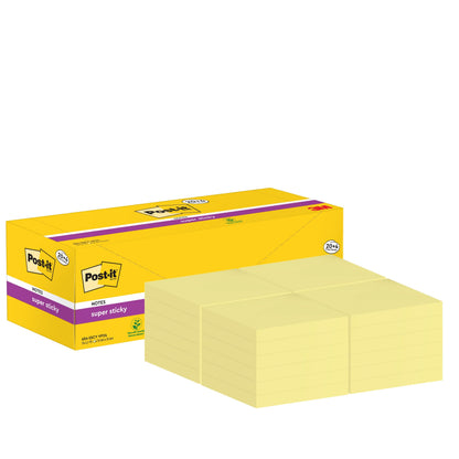 A yellow box of Post-it® Super Sticky Notes, 76 mm x 76 mm, 90 sheets/block, from 3M Deutschland GmbH is shown next to stacks of square sticky notes. The packaging displays the Post-it and 3M logos. 100% PEFC certified.