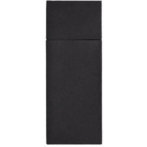 Die Starpak 480 Bestecktaschen, Airlaid 40 cm x 33 cm mit Besteckfalz, sind rechteckige schwarze Servietten mit dezenter Textur und einer horizontalen Linie am oberen Rand, ideal für die hygienische Präsentation von Besteck. Abgebildet auf schlichtem Hintergrund.