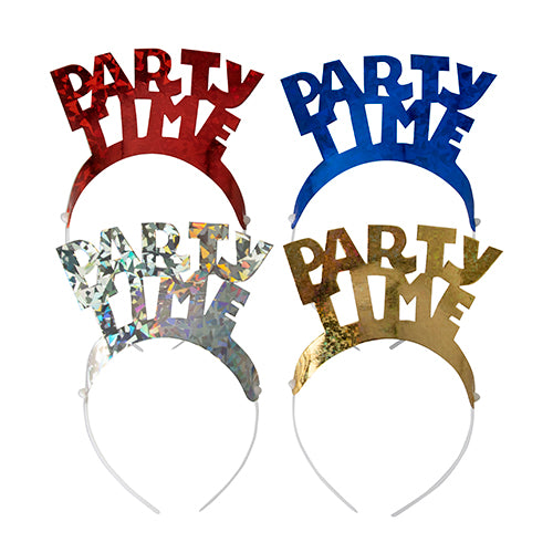 Die PAPSTAR 4 Haarreifen farbig sortiert „Metallic“ der PAPSTAR GmbH bestehen aus Kunststoff-Haarreifen mit der Aufschrift „PARTY TIME“ in fetten Buchstaben, jeweils in metallisch glänzendem Rot, Blau, Silber oder Gold – ideal für Partys.