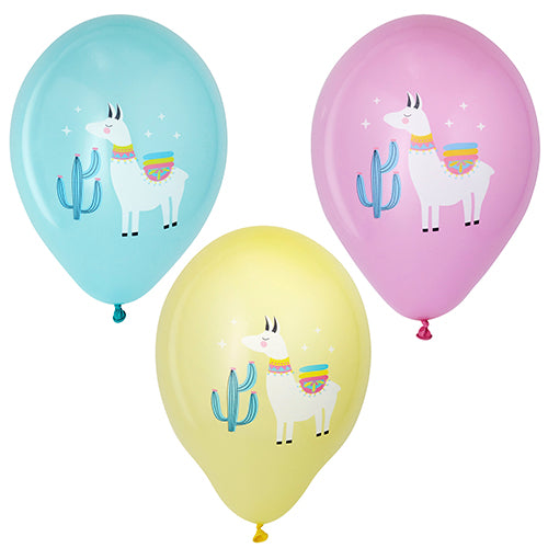 PAPSTAR 6 Luftballons farbig sortiert Ø 29 cm von der PAPSTAR GmbH: sortierte blaue, gelbe und rosa Luftballons mit einem weißen Lama in einer bunten Decke neben einem Kaktus, umgeben von Sternen.