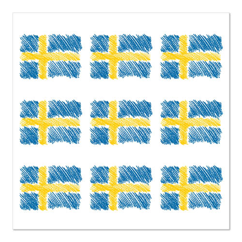 Neun handgezeichnete schwedische Flaggen in einem 3x3-Raster auf Weiß, jeweils mit einem gelben Kreuz auf Blau und skizzenhafter Textur. Ideal für das 20 Servietten Design Set 1 von PAPSTAR GmbH, 33x33 cm, 3-lagig, 1/4-Falz.