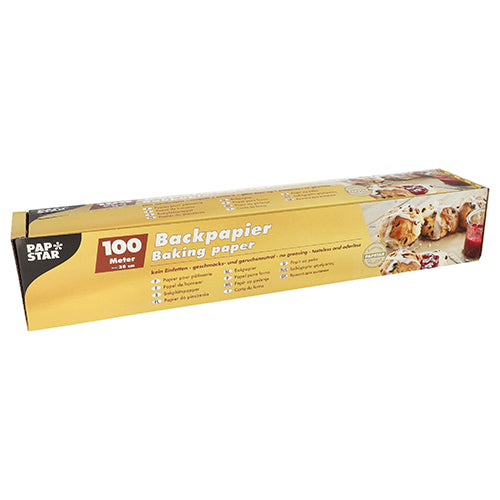 Eine rechteckige Schachtel Backpapier 38 cm Breite, braun, der PAPSTAR GmbH in Faltschachtel verfügt über eine Antihaft-Oberfläche und eine umweltfreundliche Verpackung mit Produktinformationen und Bildern von Backwaren.