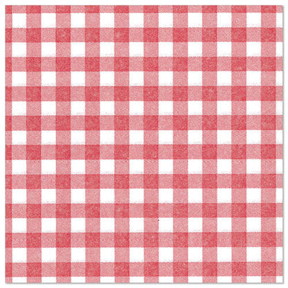 Ein quadratisches Tuch mit rot-weißem Gingham-Muster passt perfekt zu den PAPSTAR GmbH 50 Servietten "ROYAL Collection" 1/4-Falz 40 x 40 cm rot.