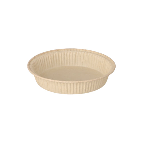 A round, plain beige PAPSTAR 50 baking molds "pure" brown disposable paper tray from PAPSTAR GmbH with wavy sides and a smooth edge, photographed on a white background.