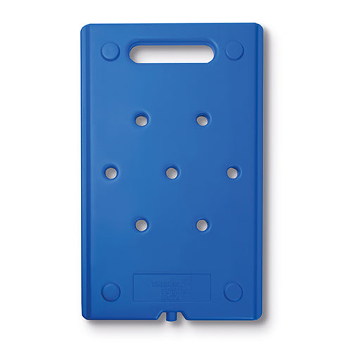 Der Starpak Kühlakku Gastro-Norm 1/1 (53 x 32,5 x 2,5 cm, blau) ist ein rechteckiger Kühlakku mit abgerundeten Ecken, acht kreisförmigen Löchern, einem oberen Griff, glatter Oberfläche und geprägten Markierungen nahe der Unterkante.