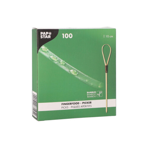 Eine grüne Box der PAPSTAR GmbH mit der Aufschrift "PAPSTAR 100 Fingerfood - Picker" enthält 100 Fingerfood-Picker und ist mit einem Picker, Bambus mit Tropfen und mehrsprachigem Text ausgestattet - ideal für die beschreibbare Tafeldeko auf jeder Veranstaltung.
