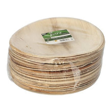 A stack of round PAPSTAR 25 "pure" palm leaf plates from the PAPSTAR GmbH, packaged in plastic wrap with a green-and-white label—ideal as biodegradable, eco-friendly disposable tableware.