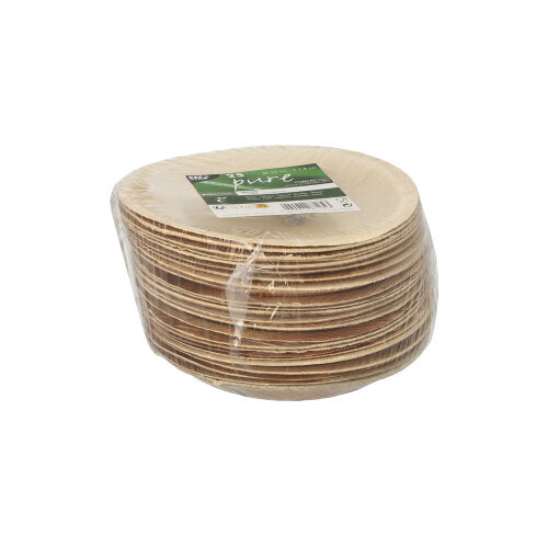 Ein Stapel PAPSTAR 25 Teller, Palmblatt „pure“ rund von der PAPSTAR GmbH, umweltfreundliches Einweggeschirr, in klarer Folie verpackt. Die Teller sind hellbraun und naturbelassen mit grün-weißem Label obenauf.