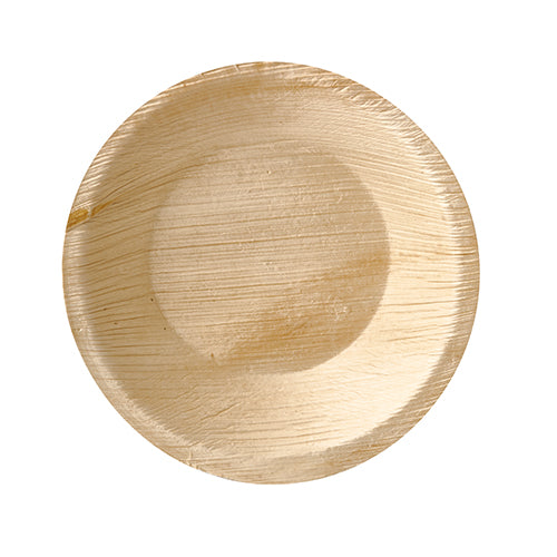 PAPSTAR 25 Schalen, Palmblatt "pure" rund von PAPSTAR GmbH – runde, hellbraune Einwegschalen mit natürlicher Holzmaserung. Perfekt für nachhaltige Veranstaltungen und umweltfreundlich zugleich.