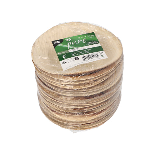 25 runde Einwegschalen aus Palmblatt von PAPSTAR GmbH, Serie „pure“, umweltfreundlich verpackt in klarer Folie mit grün-weißem Etikett – ideal für nachhaltige Events.