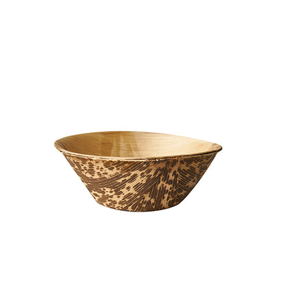 The PAPSTAR 50 finger food bowls "pure" round from PAPSTAR GmbH are wide, flat bowls made of eco-friendly bamboo with a light brown and brown speckled pattern, ideal for serving finger food and depicted on a plain white background.