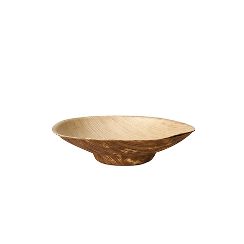 The PAPSTAR 50 finger food bowls, bamboo "pure" round from PAPSTAR GmbH is a flat, round bowl with a wide rim made of light bamboo with natural grain - ideal for eco-friendly serving of finger food on a plain white background.