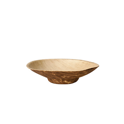 The PAPSTAR 50 finger food bowls, bamboo "pure" round from PAPSTAR GmbH is a flat, round bowl with a wide rim made of light bamboo with natural grain - ideal for eco-friendly serving of finger food on a plain white background.