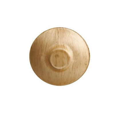 The PAPSTAR 50 finger food bowls "pure" round from PAPSTAR GmbH are round, flat bowls made of light brown, textured bamboo, ideal for eco-friendly serving of finger food.