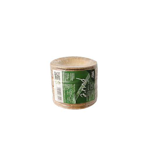Eine Packung mit 50 runden PAPSTAR 50 Fingerfood-Bambustellern (Ø 9 cm, 1,3 cm) der PAPSTAR GmbH, verpackt in transparenter Schrumpffolie mit grün-weißem Etikett. Umweltfreundliche Servierlösung für Fingerfood auf schlichtem weißem Hintergrund.