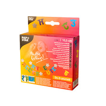 The PAPSTAR GmbH discontinued item customizable garland chain set comes in a colorful box with colorful letters, cheerful motifs, multilingual text, and product details including dimensions on the front.