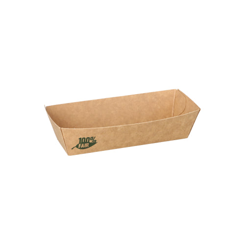 Ein 80er-Pack Snacktrays aus „reinem“ braunem Papier der PAPSTAR GmbH, rechteckig mit abgewinkelten Seiten und grünem „100 % FAIR“-Aufdruck, abgebildet auf Weiß; biologisch abbaubar und umweltfreundlich.