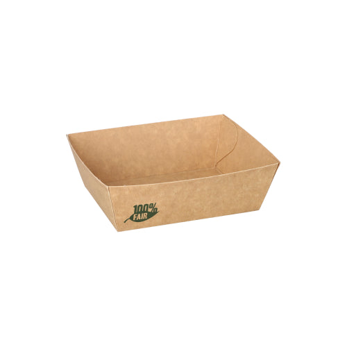 Eine rechteckige, umweltfreundliche Lebensmittelschale aus braunem Papier der PAPSTAR GmbH „80 Snacktrays, Pappe pure braun 100% Fair“, mit leicht abgewinkelten Seiten und der grünen Aufschrift „100% Fair“ an einer Ecke, abgebildet auf schlichtem weißem Hintergrund.