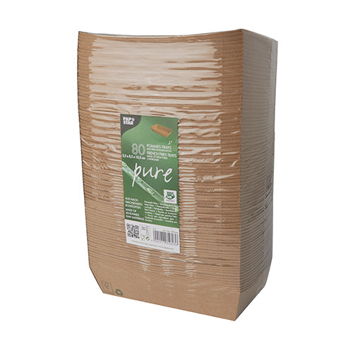 Ein Stapel mit 80 PAPSTAR Snacktrays, Pappe „pure“ braun „100% Fair“, von der PAPSTAR GmbH, umweltfreundlich und biologisch abbaubar, in Klarsichtfolie mit grünem Frontetikett mit Produkt- und Nachhaltigkeitsinformationen.