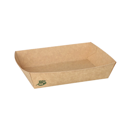 Eine rechteckige braune PAPSTAR 80 Snacktrays, Pappe „pure“ Schale der PAPSTAR GmbH mit abgewinkelten Seiten und einem kleinen grünen „100% FAIR“-Logo an der linken Innenwand ist leer auf weißem Grund abgebildet. Die Schale ist umweltfreundlich.