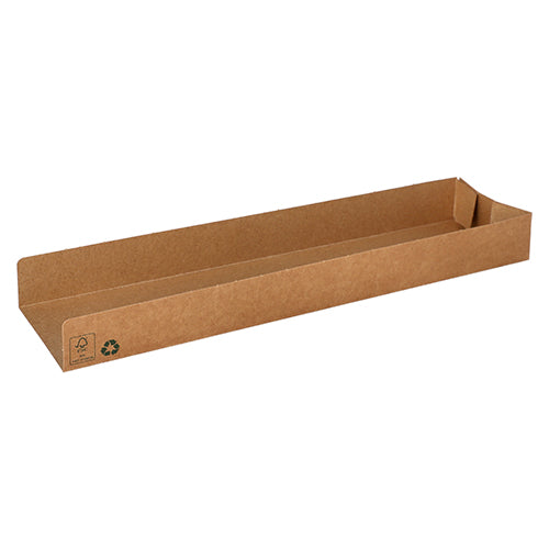 Die 80 Snacktrays der PAPSTAR GmbH, Pappe „pure“ braun „100% Fair“, sind rechteckige flache braune Pappschalen mit leicht erhöhtem Rand, Recycling-Symbolen im Inneren und einem umweltfreundlichen, biologisch abbaubaren Design.