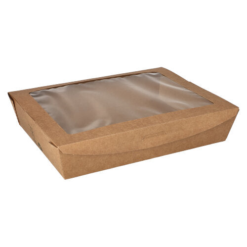 Depicted is a PAPSTAR 40 delicatessen boxes, pure brown cardboard with a PLA viewing window, rectangular, from PAPSTAR GmbH, on a white background.