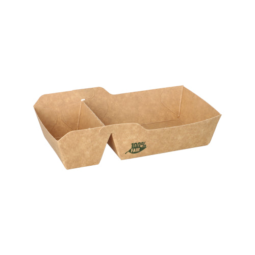 A brown rectangular PAPSTAR 80 "pure" French fries tray made of paper with two compartments and side "100% Fair" in green of PAPSTAR GmbH is empty and depicted on a white background.