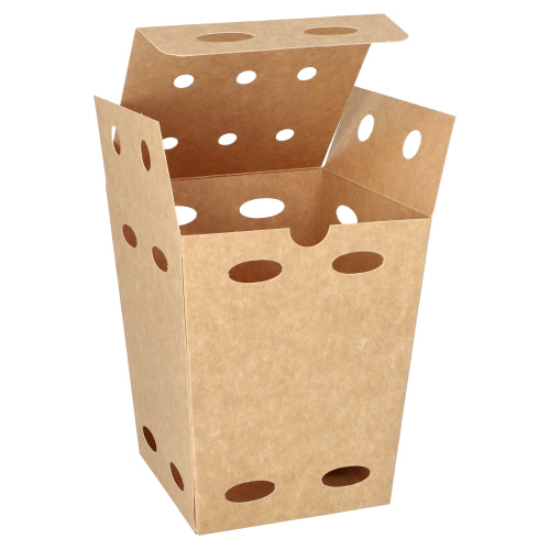 Die PAPSTAR 50 Pommes-Frites-Boxen aus brauner Pappe („pure“, 100% Fair) sind umweltfreundlich, stammen von der PAPSTAR GmbH und verfügen über mehrere runde Öffnungen an Seiten und Deckel; Der Karton ist offen mit hochgeklappten Klappen.