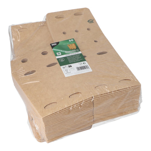 50 braune PAPSTAR Pommes-Frites-Boxen aus „purer“ Pappe, 100% fair produziert, mit Lüftungslöchern und grün-weißem Label – umweltfreundlich verpackt im 50er-Pack von PAPSTAR GmbH.