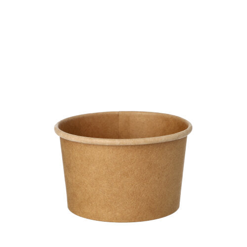 Ein PAPSTAR Suppenbecher aus brauner Pappe (230 ml, Ø 9,8 cm, 6 cm Höhe) von PAPSTAR GmbH für die Gastronomie steht leer und schlicht auf weißem Hintergrund. Verpackungseinheit: 25 Stück in Folie.